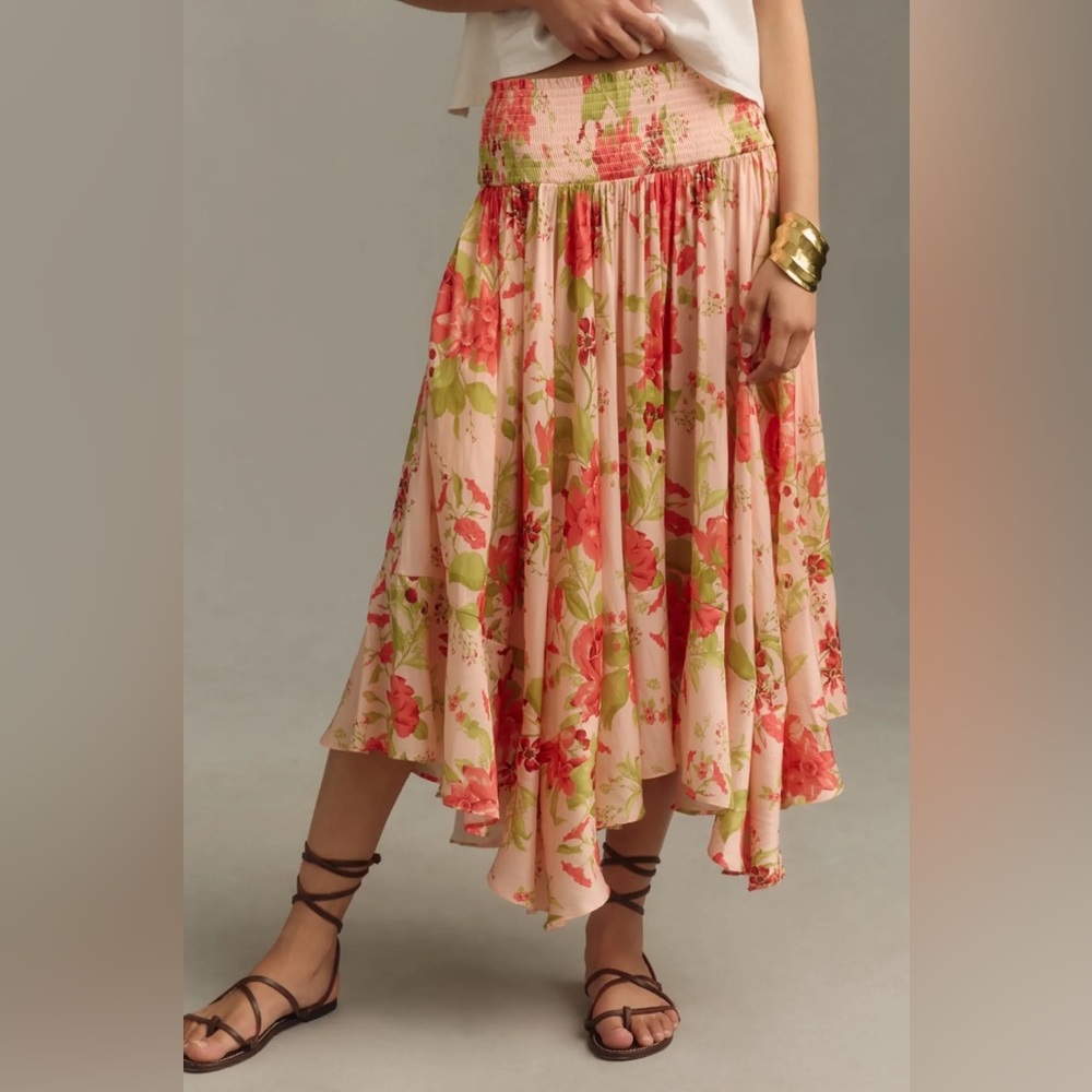 By Anthropologie Smocked-Waist Asymmetric Floral Skirt. New with tags. XXS